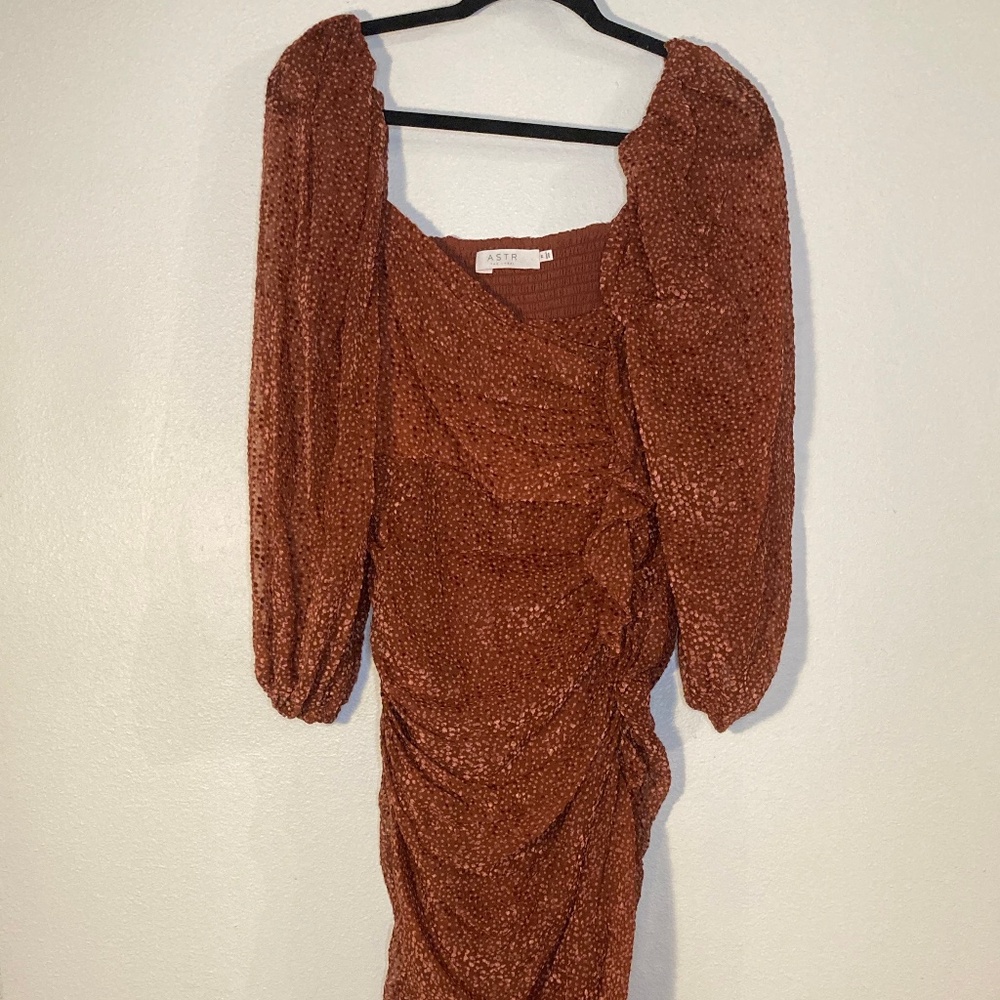 astr the label Athens sheer puff sleeve dot dress in cranberry burnout